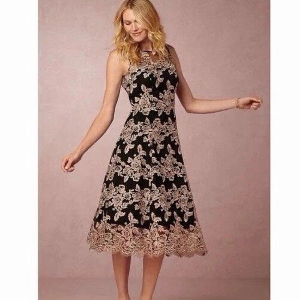 Anthropologie Hitherto BHLDN Tonya Dress Size 8 Black Blush Lace Floral Midi